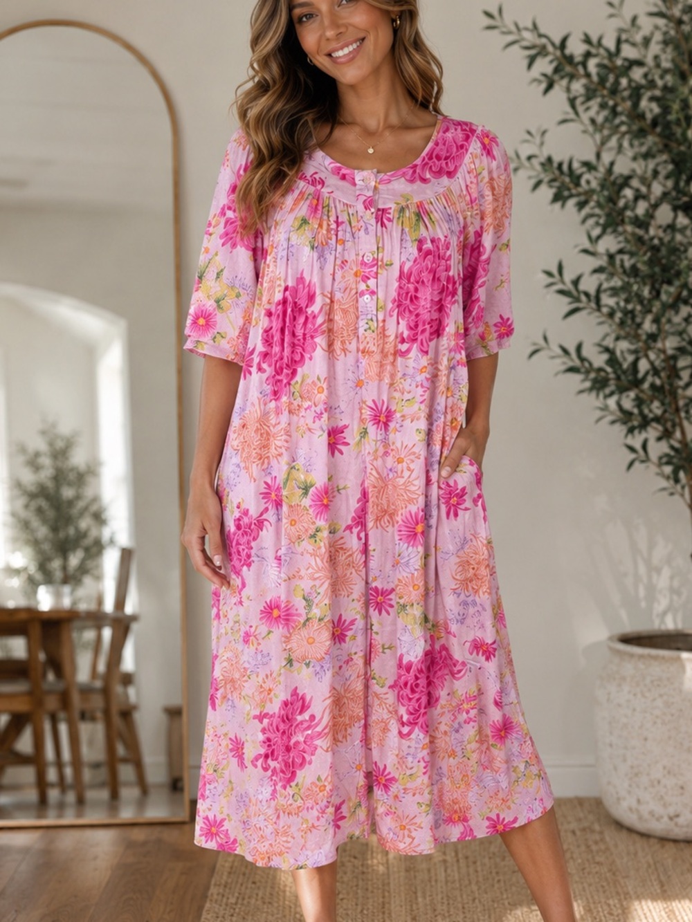 Go Softly Patio Boho Pink Flower Crinkle Lounge Mumu Lounge House Dress Sz PM